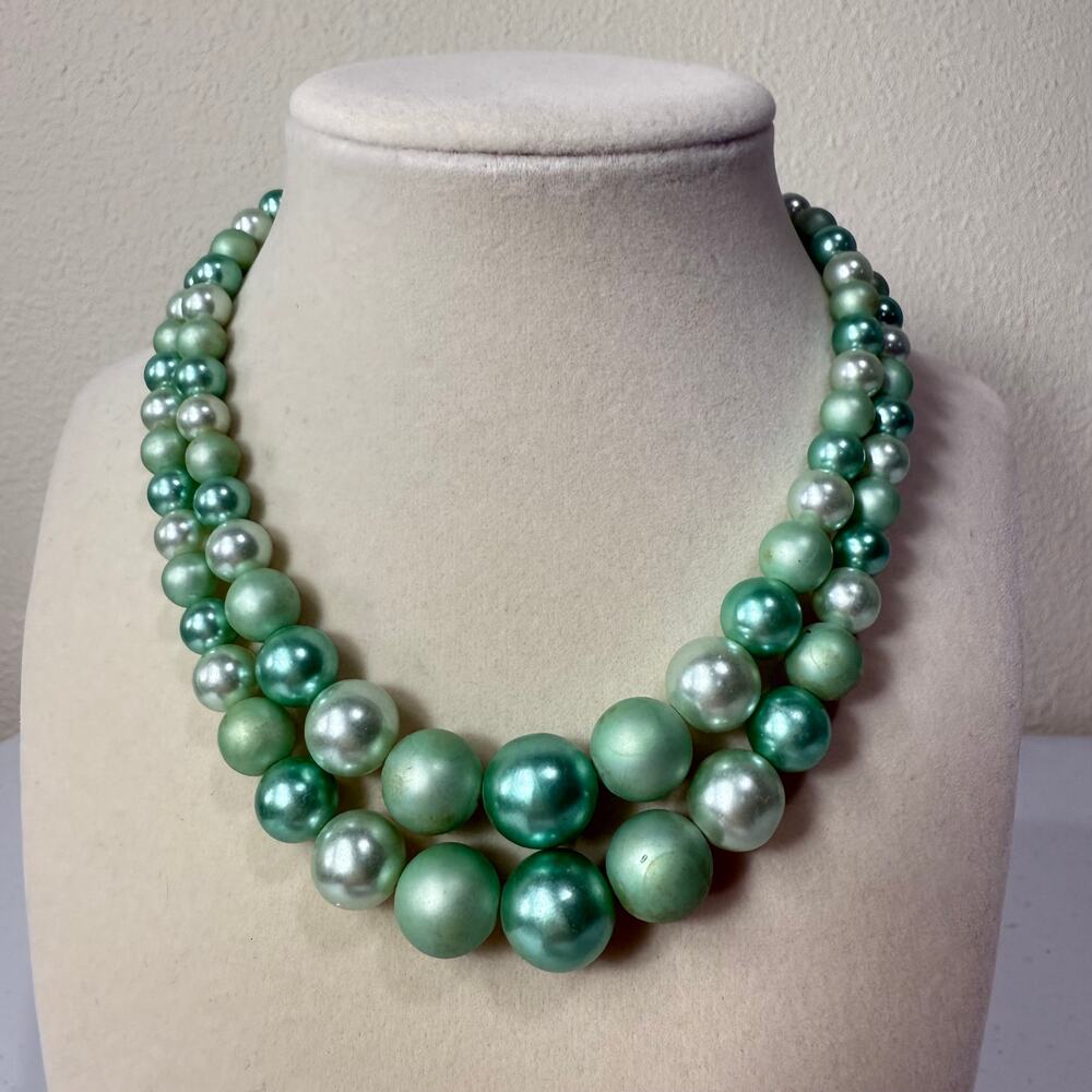 Vintage 50s 60s Multi 2 Strand Green Faux Pearl Bead Necklace Layered Statement